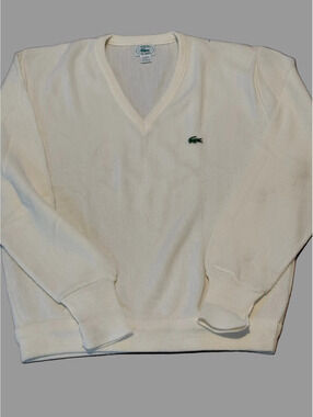 Vintage IZOD Lacoste Cream V-Neck Knit Sweater – Made in USA – Size Large